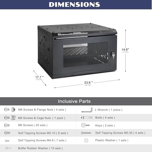 6U Wall Mount Server Cabinet with A Lockable Front Vented Door, Cooling Fans, Removable Side Panels - 45cm Depth, 19" Network Rack Including Full-Size Rack Shelf for IT Equipment - Image 2