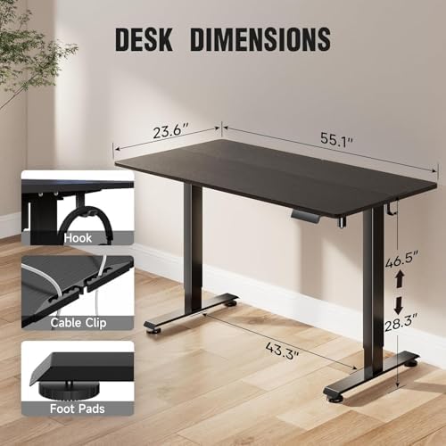 Veken 55 Inch, Height Adjustable Sit Stand Up, Wood Desktop, Work Home Office Computer PC Table, Tall Standup Workstation, Gaming Writing Study Bedroom Rising Desks, Black - Image 2