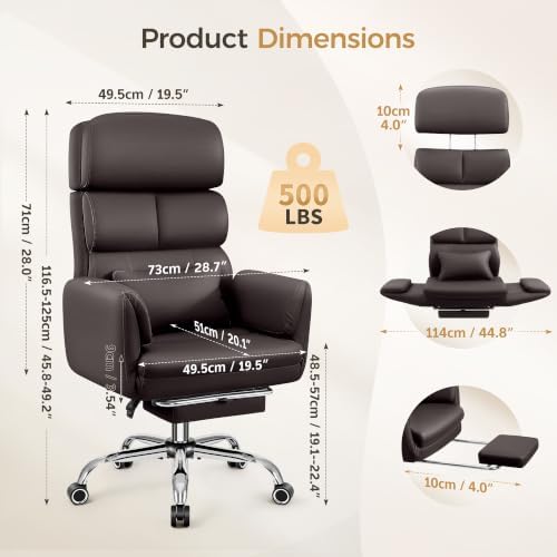 Big and Tall Office Chair 500LBS, Ergonomic High Back Leather Executive Chair, Reclining Swivel with Adjustable Armrests Lumbar Support Footrest, Cross Legged, Coffee - Image 2