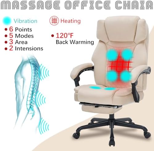 Massage Office Chair with Foot Rest 6 Points Vibration and Heat Home Office Desk Chairs for Heavy People 400lbs Reclining Managerial Chairs Ergonomic Executive Chair (Beige) - Image 4