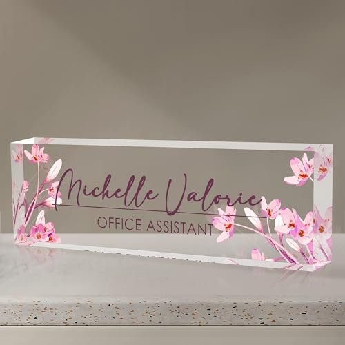 Personalized Name Plate for Desk, Custom Desk Name Plate, Acrylic Name Plate Office Desk Accessories, Personalized Office Gifts for Coworkers Teachers, Employee Appreciation Gifts (A-Pink Flower) by EOBIBIFUN
