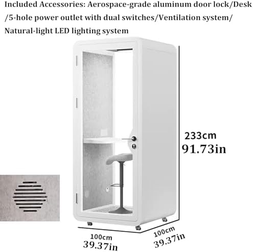 Soundproof Office Pod Booth Mobile Office Pod Booth with Desk/Tempered Glass Door/LED Light/Metal Lock, Private Meeting Room for Focused Study Read or Work, Call Privacy(A,100x100x233cm) - Image 7