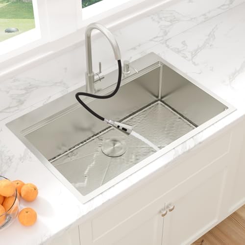 Sarlai 33 Drop In Kitchen Sink with Faucet- 33x22 Inch Drop Kitchen Sink Ledge Workstation Sinks 16 Gauge Stainless Steel Single Bowl Topmount Sinks Basin with Pull-out Faucet - Image 4