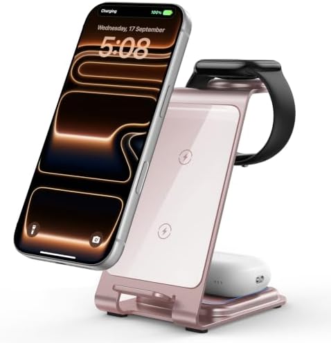 Intoval Aluminum 3 in 1 Wireless Charging Station for iPhone 17 16 15 14 13 12 11 Pro Max XR, Wireless Charger for Apple Watch 11 10 9 8 7 Ultra SE 3 2, Phone Charger for AirPods 4 Pro 2 3 (Pink) by Intoval