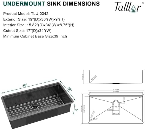 Black Undermount Kitchen Sink, 36x19 Workstation 16 Gauge T-304 Stainless Steel Single Bowl Under Counter Sink for Kitchen with Cutting Board, Mixing Bowl & Pasta Strainer #TLU-0042 - Image 4