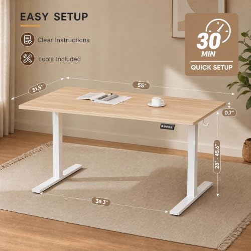 Grandder 55x32 Large Electric Standing Desk, Height Adjustable Computer Desk with 2 Memory Presets, 31.5" Deep Desktop Sit Stand Desk Home Office Desk Workstation Table with Hooks, Light Walnut - Image 3