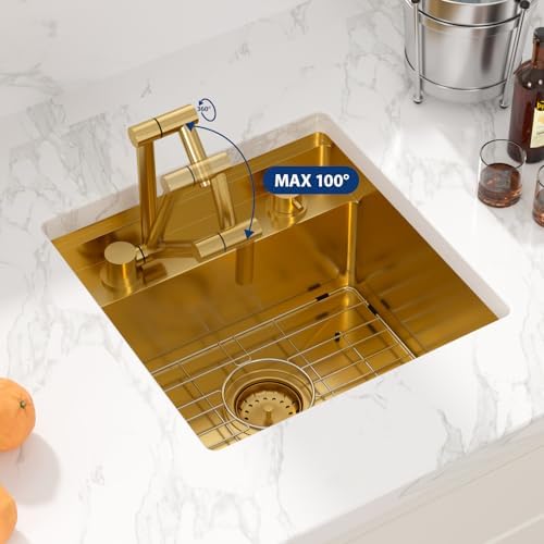 Sarlai Undermount Bar Sink - 18 Inch Gold Undermount Kitchen Sink Workstation with Foldable Faucet 18x18 Inch Outdoor Bar Prep Single Bowl Gold Sinks 16 Gauge Stainless Steel BBQ Basin with Cover - Image 5