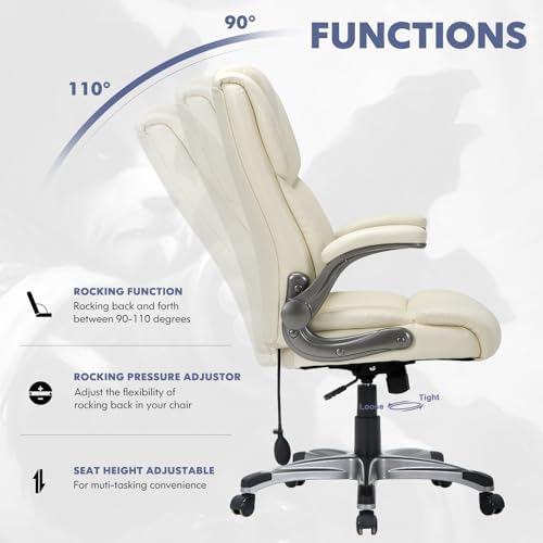 COLAMY Leather Executive Office Chair- High Back Home Computer Desk Chair with Padded Flip-up Arms, Adjustable Tilt Lock, Swivel Rolling Ergonomic Chair for Adult Working Study-Lvory, Set of 2 - Image 6