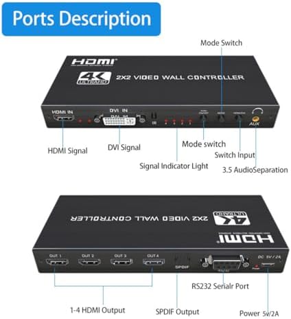 Video Wall Controller 2x2 4K TV Splicing Wall Processor HDMI & DVI Input 4 TV Screens Into 1 Wall Display Support IR Remote, RS232, 180°Rotate, 2x2,1x1,1x2,1x3,1X4,1x5 - Image 6