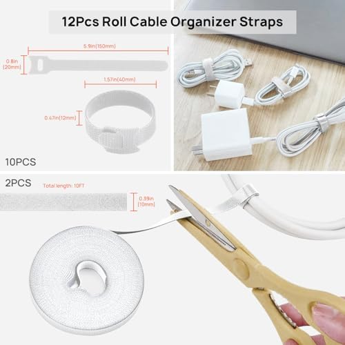 193 PCS Cable Management Kit - 4 Cable Sleeve, 57 Self Adhesive Cable Clips, 12 Hanging Strips, 12 Cable Organizer Straps and 100 Fastening Cable Ties for TV Computer Under Desk (White) - Image 7