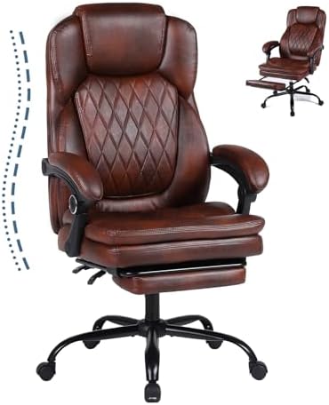 Big and Tall Office Desk Chair, Executive Office Chair with Foot Rest, PU Leather Comfy Reclining Office Chairs for Heavy People, Wide Ergonomic High-Back Computer Chairs, Brown by OTTERLEAd