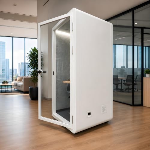 Soundproof Office Pod Booth, 1 Person Office Phone Booth with Solid Wood Desk, Mobile Acoustic Privacy Booth with Casters for Calls, Video Meetings & Focus Work, 10mm Glass, 110V Power, USB & RJ45 - Image 4