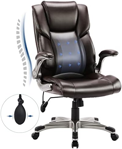 COLAMY High Back Executive Office Chair- Ergonomic Home Computer Desk Leather Chair with Padded Flip-up Arms, Adjustable Tilt Lock, Swivel Rolling Chair for Adult Working Study-Brown by COLAMYHOME