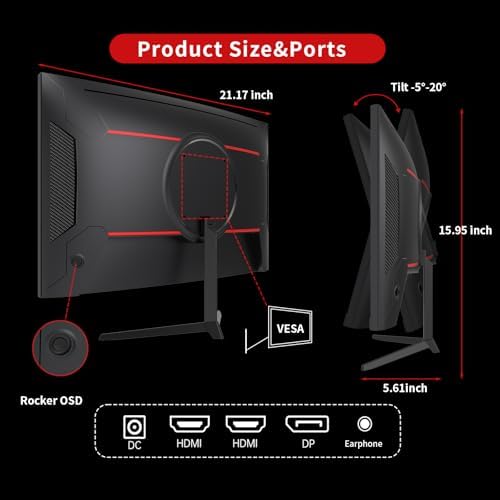 KTC 24 Inch 1500R Curved Gaming Monitor,180Hz 1ms FHD 1080p VA Monitor, Adaptive Sync, 110% sRGB, HDR Support, DisPlayPort/HDMI,Tilt, VESA for Gaming Home Office Business PS5 PC Monitors - Image 4