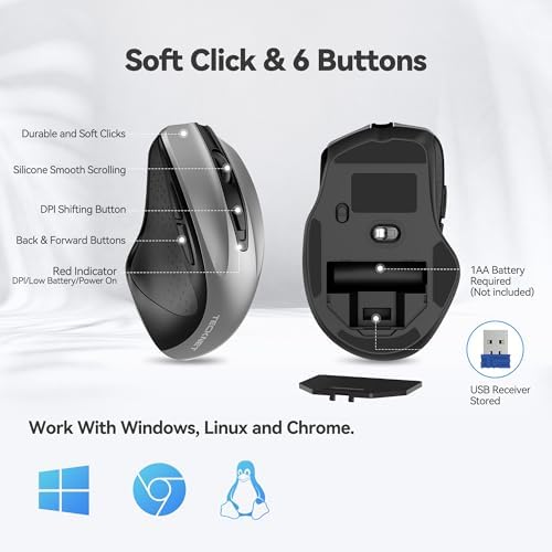 TECKNET Wireless Mouse, 2.4G Ergonomic Computer Mouse, 2600 DPI, Silver - Image 6