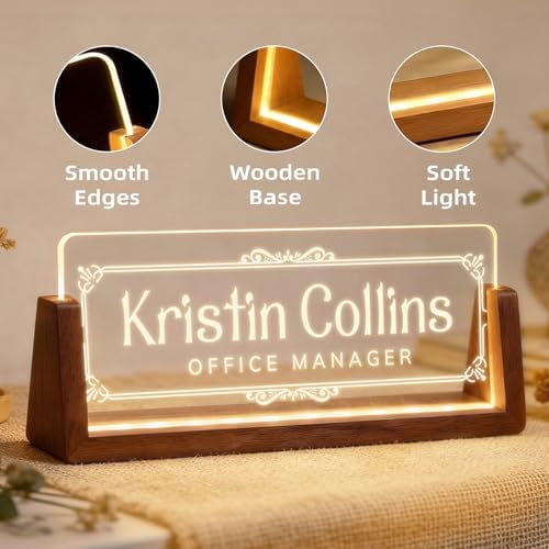 Personalized Light Up Acrylic Desk Name Plate - Custom Name Plate for Desk with Walnut Wood Base - Appreciation Office Gifts for Employees, Teacher, Social Worker (Vintage Frame) - Image 7