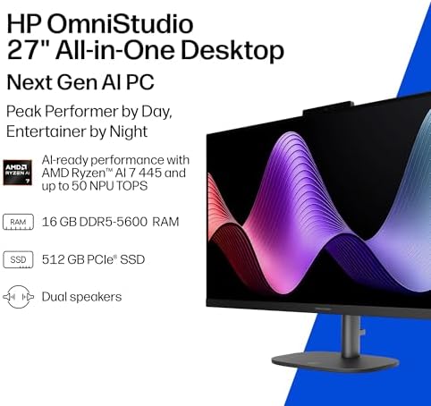 HP OmniStudio 27 inch All-in-One Desktop Next Gen AI PC, FHD Display, AMD Ryzen AI 7 445, 16 GB RAM, 512 GB SSD, AMD Radeon 840M Graphics, Windows 11 Home, Jet Black, 27-cw0102 (2026) - Image 2