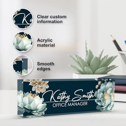 Personalized Name Plate for Desk, Custom Desk Name Plate, Acrylic Name Plate Office Desk Accessories, Personalized Office Gifts for Coworkers Teachers, Employee Appreciation Gifts (B-White Flower) - Image 3