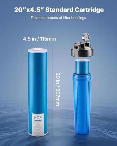 VEVOR KDF Whole House Water Filter, 20 x 4.5 Inch Universal Fit Cartridge, 100,000 Gal Capacity, Coconut Shell GAC + Copper Zinc Alloy, Reduces Heavy Metals, Chlorine, Bad Taste & Odor - Image 4