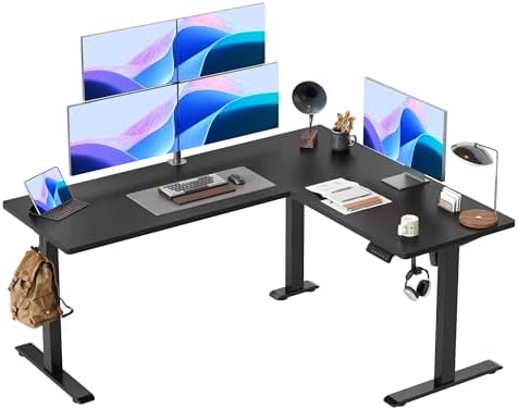 TIQLAB Standing Desk L Shaped, 63x55 Inch Adjustable Height Electric Stand Up Desk, Corner Standing Table with Hooks, Sit Stand Desk with Splice Board, Black by TIQLAB