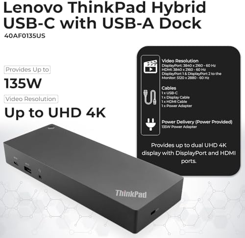 40AF0135US Docking Station Dual Monitor Hybrid USB-C with USB-A - 1 Year Warranty, Thinkpad Dock w/ 135W Adapter, HDMI, DisplayPort, USB-C Cable, Cloth - Laptop Docking Station (Renewed) - Image 3