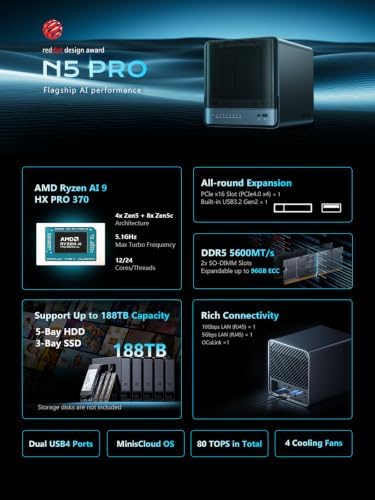 MINISFORUM N5 Pro 5-Bay Desktop AI NAS, AMD Ryzen AI 9 HX PRO 370(12C/24T) CPU, 16GB DDR5, 128G SSD, 1x10GbE, 1x5GbE, 2xUSB4, 8K HDMI, OCuLink, 1xM.2+2xU.2/M.2 Slot, Network Attached Storage(Diskless) - Image 3