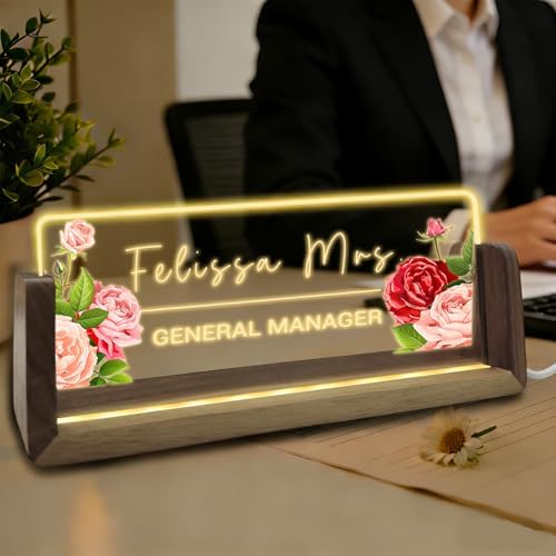Desk Name Plate Personalized with Flowers Custom Light Up Acrylic Plaque for Desk Customized Office Gifts for Boss Coworkers Teacher Employee Office Decor for Women Men by YAEILOV