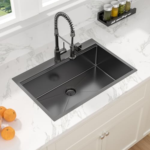 Sarlai 30 Drop Kitchen Sink Black Stainless Steel - 30 x 22 Inch Kitchen Sink Drop In Topmount Ledge Workstation 16 Gauge Gunmetal Black Stainless Steel Single Bowl Over Counter Sinks With Accessories - Image 4