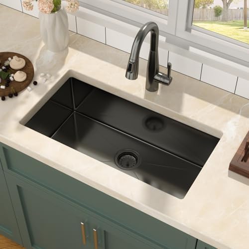 Mocoloo 30 Inch Gunmetal Black Undermount Kitchen Sink - 30" x 16" T304 Stainless Steel Handmade Single Bowl Round Corner Under Counter 9" Deep Basin - Image 5