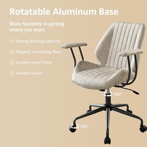 Mid Back Home Office Chair, Mid Century Modern Executive Chair, Comfy Ergonomic Rolling Office Desk Chair with Lumbar Support, Faux Leather Office Chair, Beige - Image 5