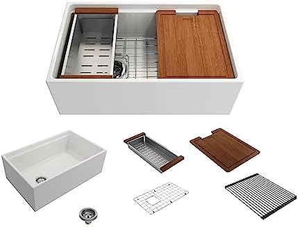BOCCHI Contempo Workstation Apron Front Step Rim Fireclay 30 in. Single Bowl Kitchen Sink with Accessories in White by BOCCHIKitchenandBath