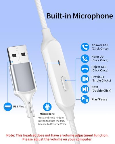 USB Earbuds with Microphone for PC Laptop,USB A Headphones,White - Image 6