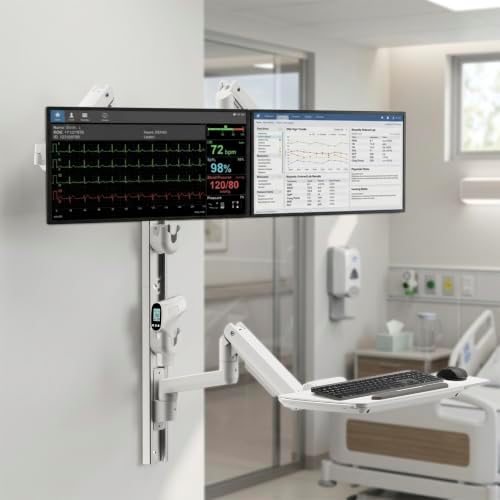 Mount-It! MedHub Wall-Mounted Medical Workstation with Wall Track – Height Adjustable Dual Monitor & Keyboard Arms, Folding Tray, Mouse Pad, VESA Compatible – for Exam Rooms, Clinics & Patient Care - Image 2