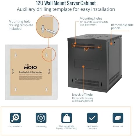 Tecmojo 12U Wall Mount Rack with Thermostat, 17.7inch Depth Enclosed Server Cabinet with 2 Cooling Fans,Lockable Door & Hardware,12U Rack for 19inch Equipments,Glass Door - Image 5