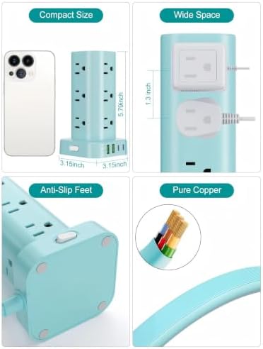 6FT Power Strip Tower Surge Protector, 12 Wide Spaced Outlets, 4 USB - Image 6