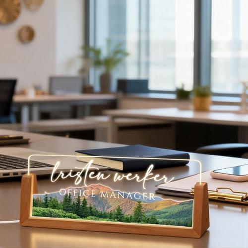 Personalized Light Up Acrylic Desk Name Plate - Custom Name Plate for Desk with Walnut Wood Base - Appreciation Office Gifts for Employees, Teacher, Social Worker (Forest) - Image 6