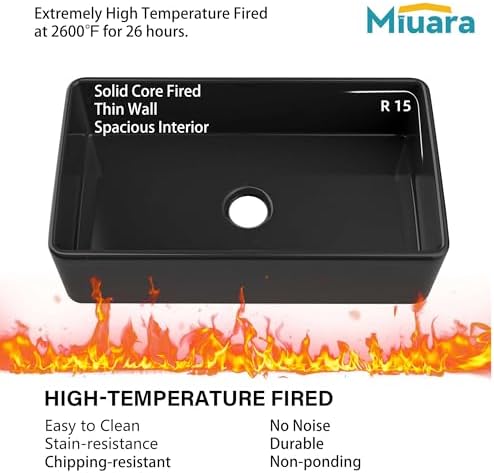 Miuara Farmhouse Sink 33 x 18 Inch Black Fireclay Apron Front Kitchen Sink - Image 4