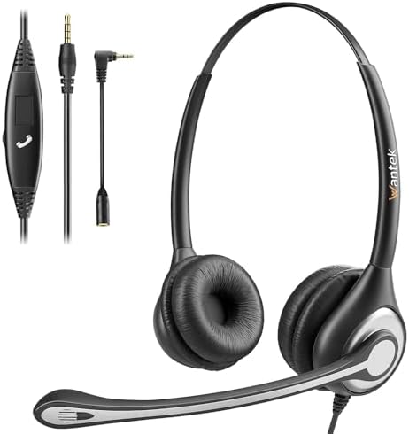 Cell Phone Headset with Microphone Noise Cancelling & Call Controls, 3.5mm Computer Headphones for Samsung PC Business Skype Softphone Call Center Office, Clear Chat, Ultra Comfort by Wantek