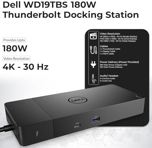 Dell WD19TBS Thunderbolt Dock Bundle - 4K Display, 1 Year Warranty, Dell Docking Station Dual Monitor with 180W Adapter, Anyhdd HDMI, DisplayPort, Thunderbolt Cable - Laptop & Computer Docking Station - Image 3