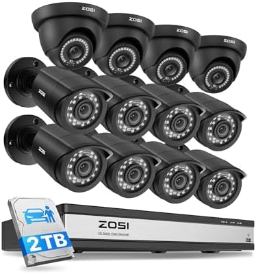 ZOSI 16CH 3K Lite Security Camera System with 2TB HDD,AI Human/Vehicle Detection,Night Vision,Remote Access,H.265+ 16 Channel 5MP Lite HD-TVI DVR with 12PCS 1080P Outdoor Indoor Surveillance Cameras by ZOSI