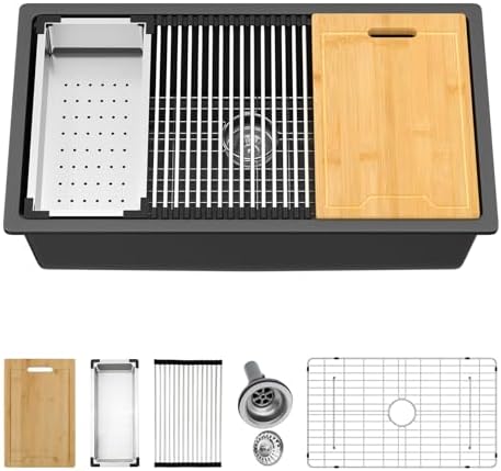 Kichae 32 x 19 Undermount Kitchen Sink Black Granite Composite Workstation by Kichae