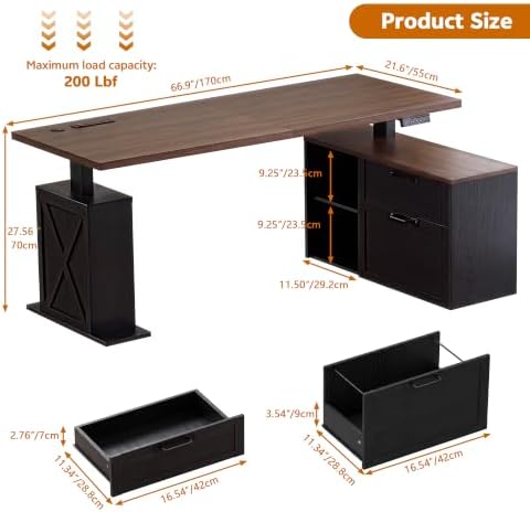 67" L Shaped Standing Desk with Drawers Electric Corner Desk Black - Image 2