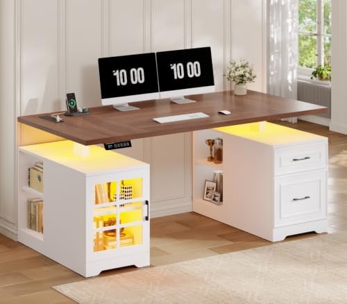UPOSOJA 63" Farmhouse Electric Standing Desk with Drawers, Storage Shelves by UPOSOJAWishesYouaNiceDay
