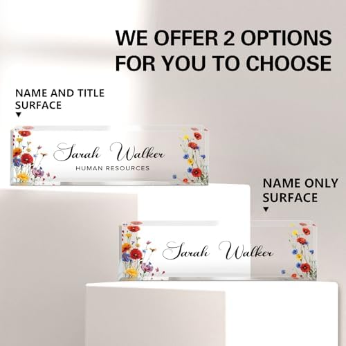 Name Plate for Desk, Desk Name Plate Personalized, Flowers Office Decor for Women Men, Acrylic Desktop Accessories, Office Gifts for Boss Nurse Teacher Coworker, Employee Appreciation Gift (Pink/Blue) - Image 2