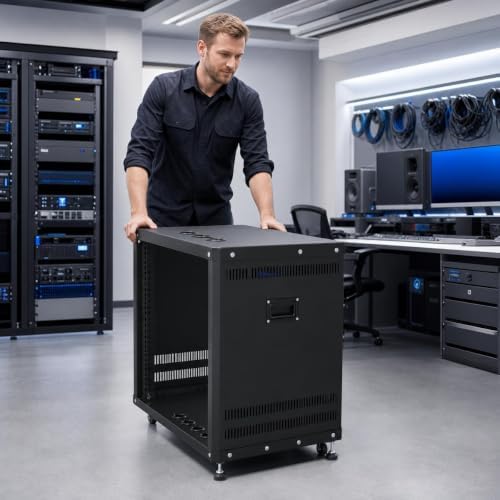 12U Network & Stereo Rack with Caster Wheels, Rolling Server Rack Open Cabinet for Audio Video Musical & IT Equipment Mounting, Round & Square Holes, Build in Handles Heavy Duty - Image 6