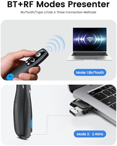 Wireless Presenter Clicker with Bluetooth & USB+Type-C Receiver, Red Laser Pointer, Powerpoint Clicker with Volume Control for PowerPoint/Keynote/Google Slides, Compatible with Laptop/Mac/PC/Android - Image 3