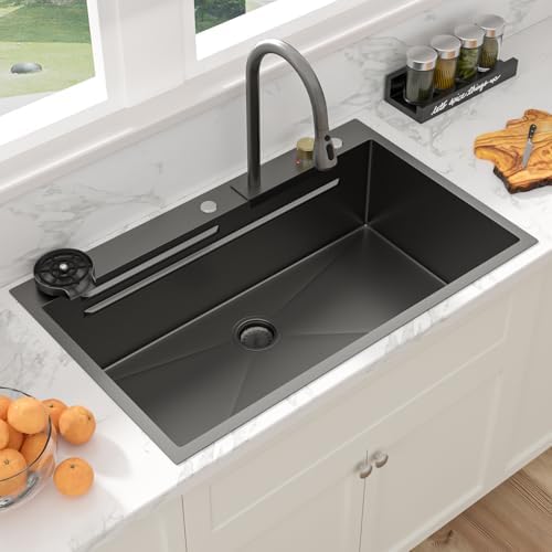 Sarlai 36 Inch Waterfall Kitchen Sink Workstation - 36x22 Black Waterfall Drop In Sink Stainless Steel 16 Gauge Sink Multifunction Single Bowl Smart Top Mount Kitchen Sinks with Faucet Combo - Image 2