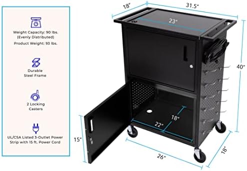 Line Leader Stellar AV Cart - Computer Cart with Customizable Pegboard & Hooks, Dual Locking Cabinets, UL Certified Power, Mobile Workstation with Locking Wheels, Ideal for Laptop & Charger Storage - Image 5