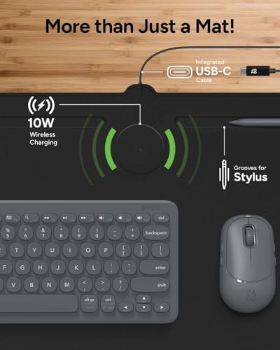ZAGG Mouse Pad Desk Mat with Wireless Charging for All Devices - 10W Fast Charge, Integrated USB-C, Premium Felt Top, Non-Slip Bottom, Office Organizer, Black - Image 2
