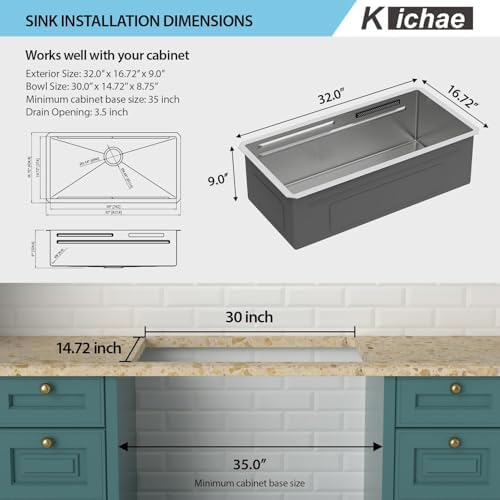 Kichae 32 x 17 Undermount Kitchen Sink Stainless Steel 16 Gauge Workstation - Image 6